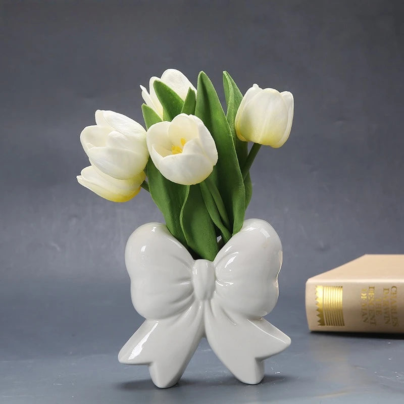 Creative Ceramic Craftsmanship Flower Placement Desktop Ornament Vase Home Living Room Balcony Entrance Bow Decoration Ornament
