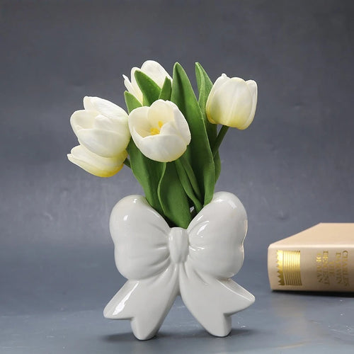 Creative Ceramic Craftsmanship Flower Placement Desktop Ornament Vase Home Living Room Balcony Entrance Bow Decoration Ornament