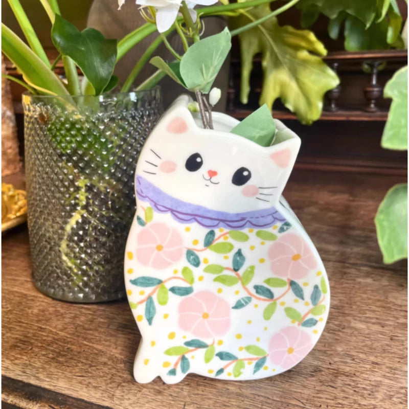 Kawaii Cat Ceramic Vase ornament,Cute Cartoon Hand drawn Vase,Vase Decoration Home,Home Living Room and Office Decoration Gift