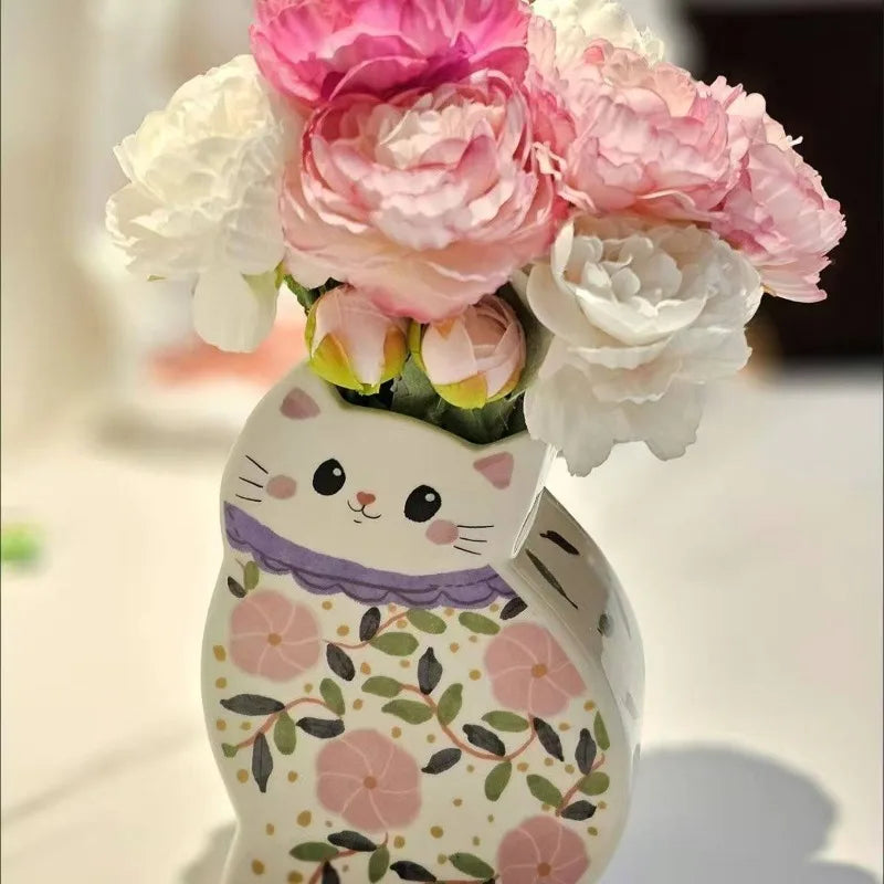 Kawaii Cat Ceramic Vase ornament,Cute Cartoon Hand drawn Vase,Vase Decoration Home,Home Living Room and Office Decoration Gift