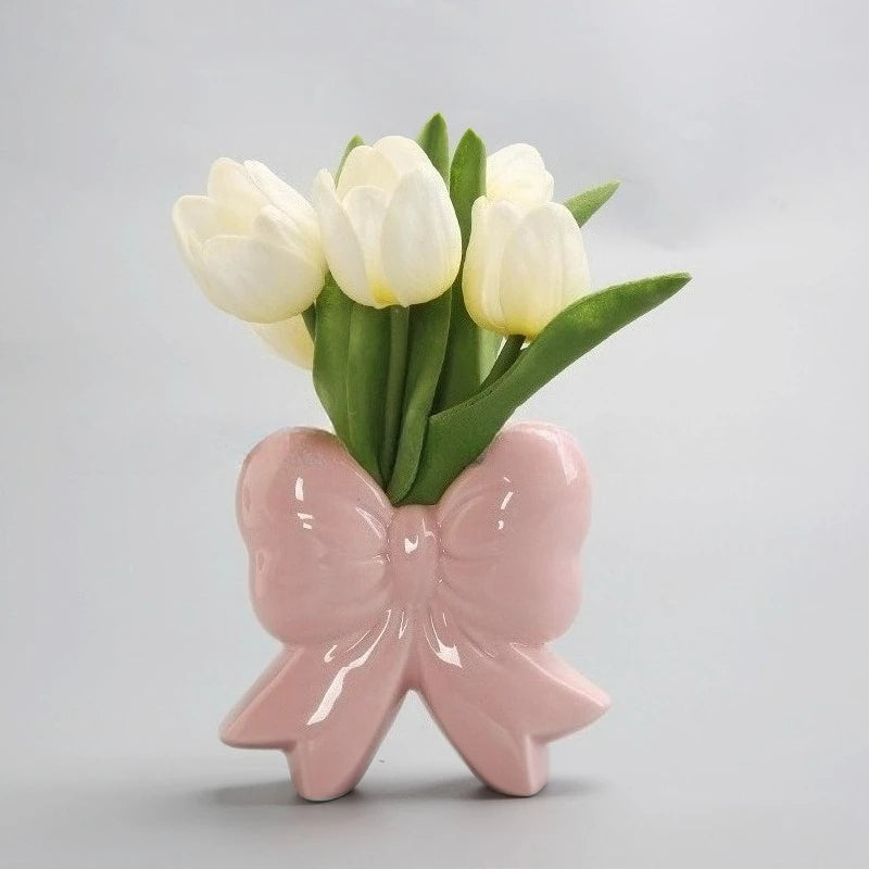 Creative Ceramic Craftsmanship Flower Placement Desktop Ornament Vase Home Living Room Balcony Entrance Bow Decoration Ornament