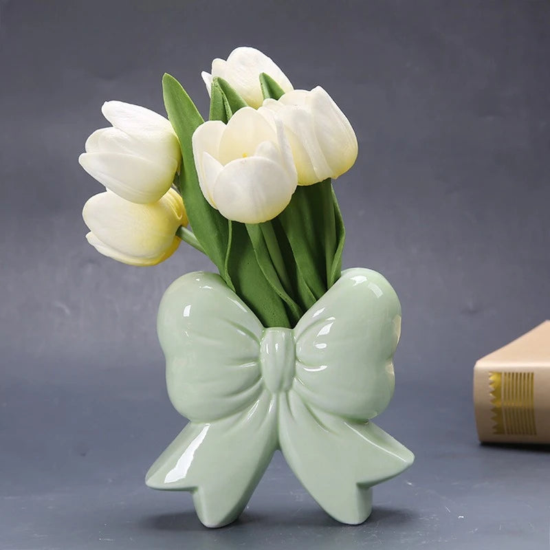 Creative Ceramic Craftsmanship Flower Placement Desktop Ornament Vase Home Living Room Balcony Entrance Bow Decoration Ornament