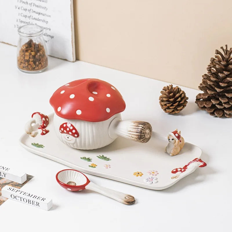 Creative Cartoon Cute Girl Heart Red Mushroom Ceramic Tableware Single Handle Bowl Soup Pot Breakfast Plate