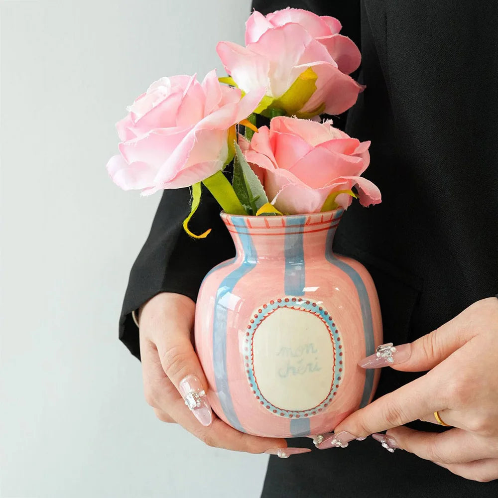 Tabletop Flowerpots Candy Color Ceramic Vase Handprint Pattern Stripe Letters Bud Vase Durable Fashion Simple Home Decoration