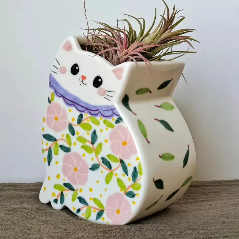 Kawaii Cat Ceramic Vase ornament,Cute Cartoon Hand drawn Vase,Vase Decoration Home,Home Living Room and Office Decoration Gift