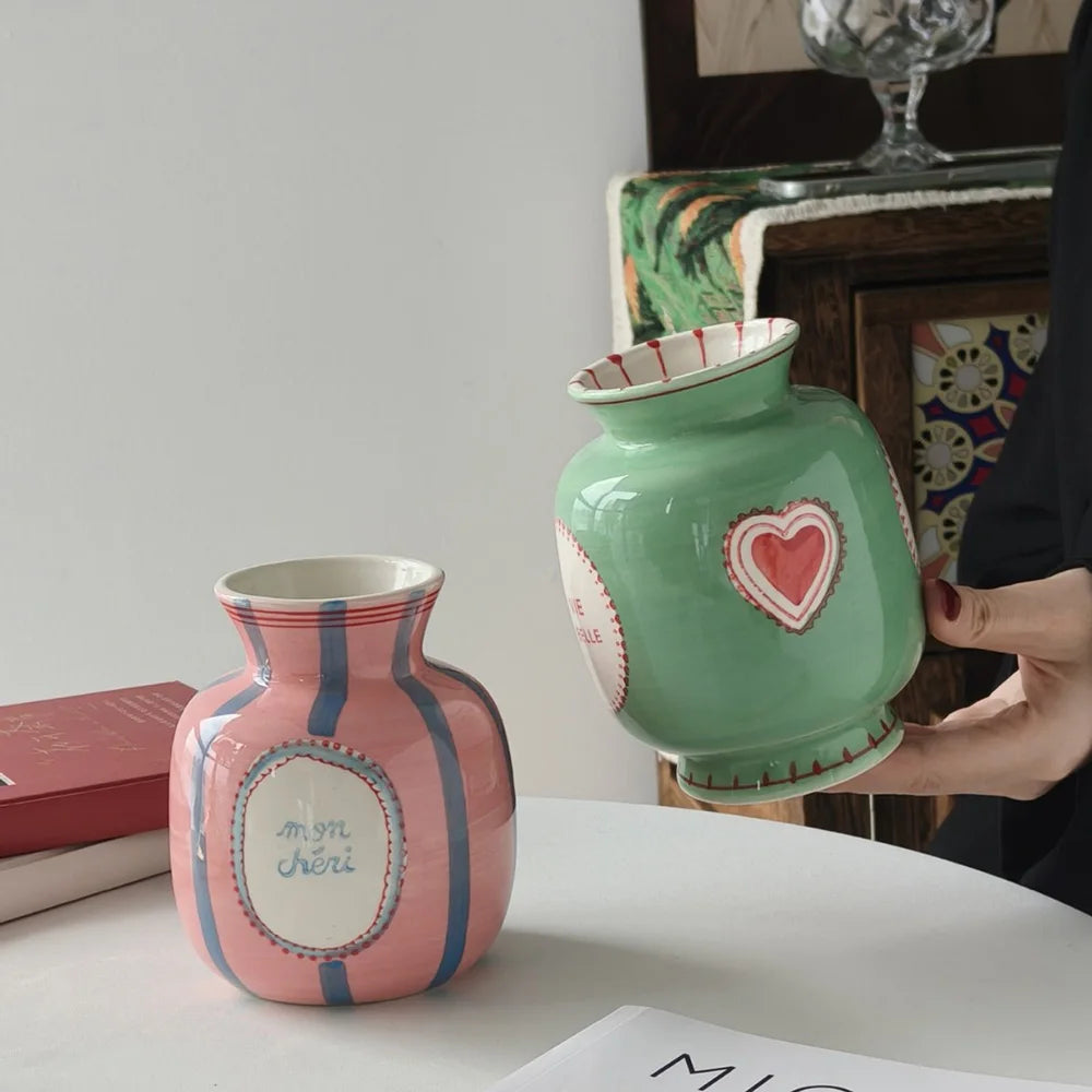 Tabletop Flowerpots Candy Color Ceramic Vase Handprint Pattern Stripe Letters Bud Vase Durable Fashion Simple Home Decoration